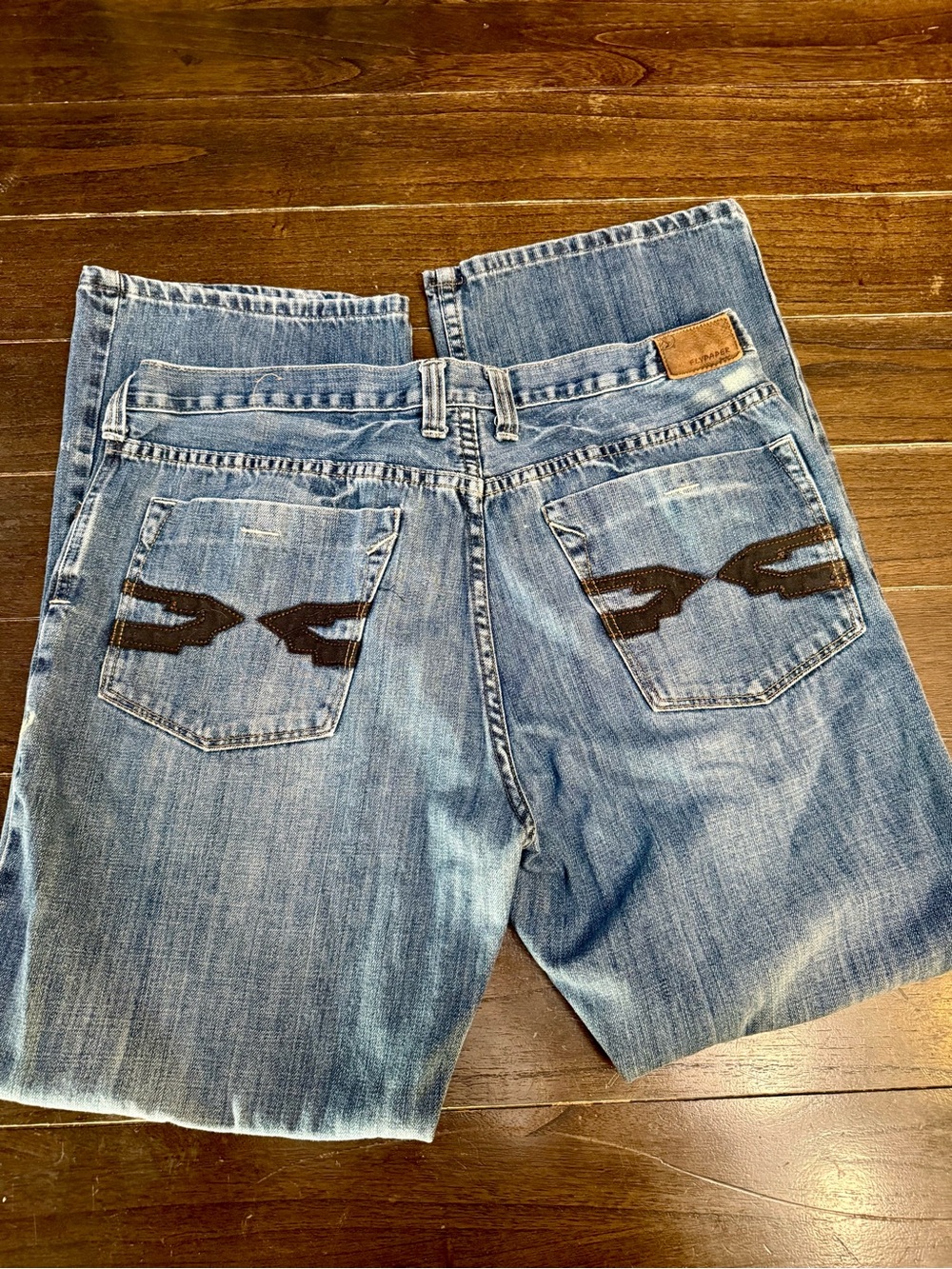 Flypaper Mens Light Blue Straight Jeans with Black Embroidered Pocket Stitch Y2K